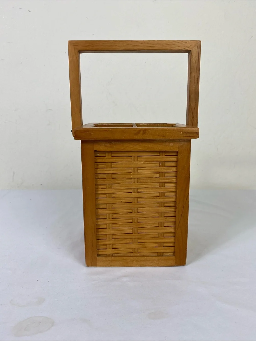 Vintage Wooden Woven Utensils Basket Tote in Honey Brown